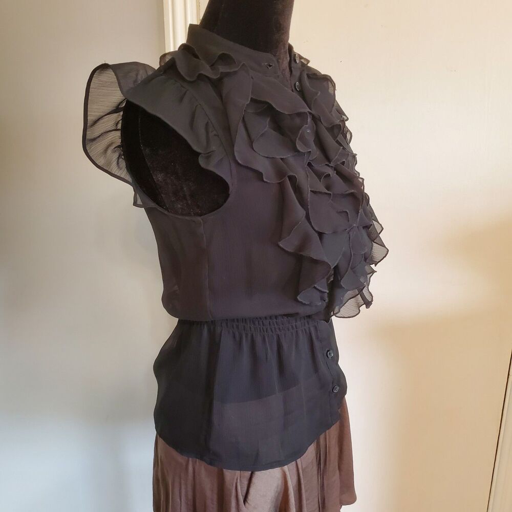 Unbranded Sheer Black Ruffle Front Top Goth Y2k Office Siren Whimsigoth Size XS - Picture 2 of 5